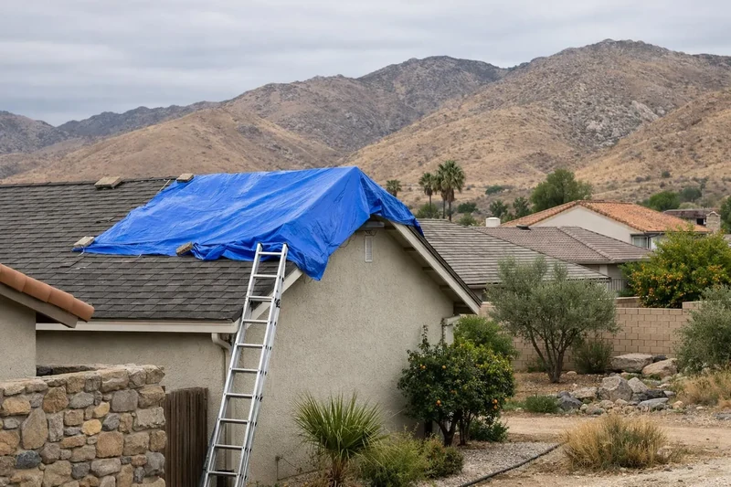Blue tarp covers part of a stucco home’s shingle roof with mountains behind it.