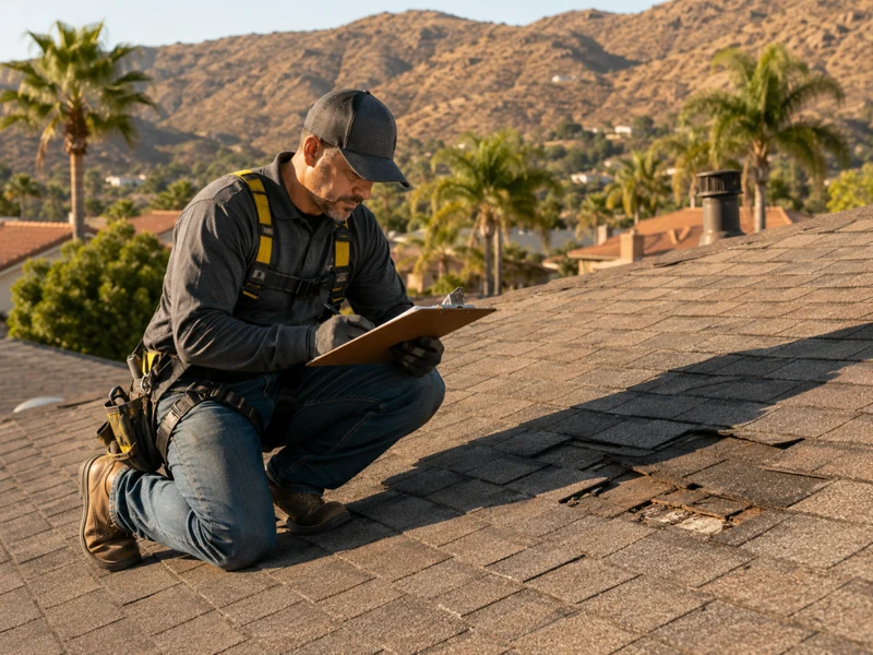 Inspector with a clipboard examining damaged shingles on a residential roof.