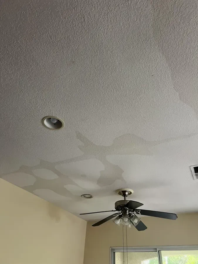 Irregular water stains spread across a textured ceiling above a fan and recessed lights.